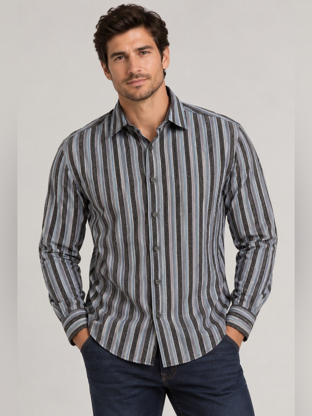Robert Graham Mixed Print Striped Button Down Shirt Size Large